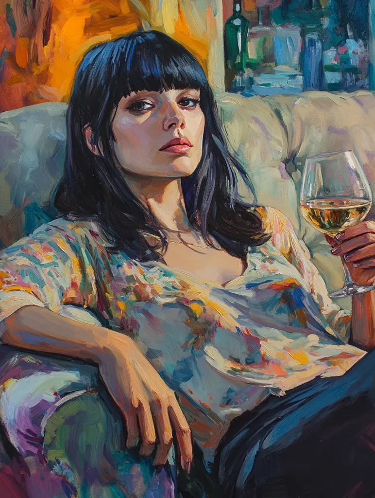 A vibrant oil painting depicts a young woman with dark bangs, lounging in a plush armchair.  She's dressed in a loose, floral blouse and dark pants, holding a glass of white wine.  The background features a blurred, warm-toned setting with hints of bottles and shelves. The artist's impasto technique creates a richly textured, expressive style, capturing a moment of relaxed sophistication.