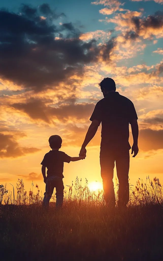 Silhouetted against a vibrant sunset, a father and son walk hand-in-hand across a grassy field.  The warm hues of the sky paint a backdrop to their tender moment.  The father, tall and strong, guides his smaller son, creating a powerful image of love and connection.  The setting sun casts long shadows, enhancing the peaceful and heartwarming scene.