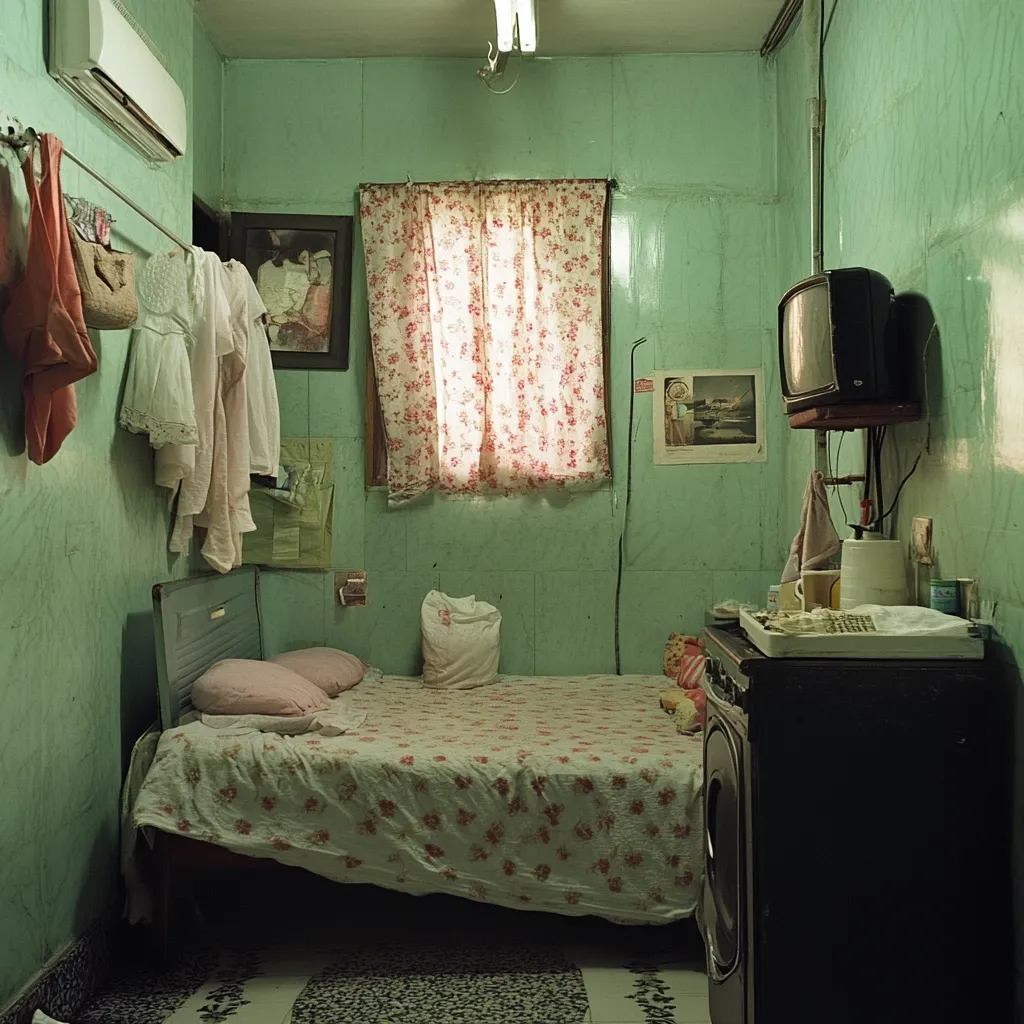 A small, simply furnished room with mint green walls.  A bed with a floral bedspread dominates the space, flanked by a small, dark wooden cabinet holding a television and various items. Clothes hang on a rod near the door.  The window is dressed with floral curtains, and several framed pictures adorn the walls. The overall atmosphere is humble and intimate.