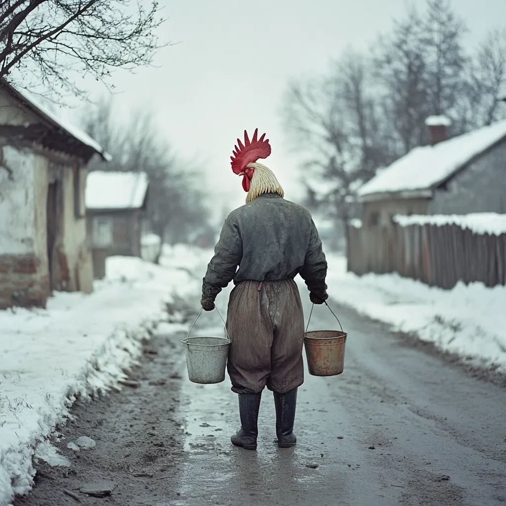 A person, wearing a rooster headpiece and carrying two buckets, walks down a muddy, snow-covered road in a rural village.  The scene is bleak, with muted colors and simple, rustic buildings lining the street.  The figure's back is to the camera, creating a sense of mystery and solitude in the winter landscape.