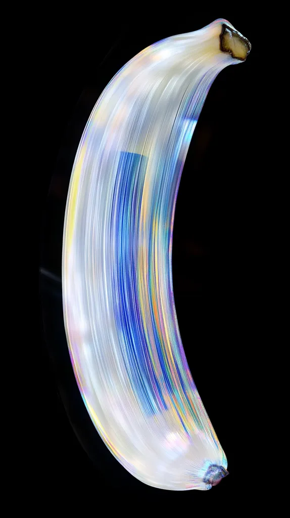 A translucent, iridescent sculpture resembling a banana is presented against a stark black background.  The artwork's surface displays a layered, striated effect with a spectrum of pastel and vibrant blues, creating an ethereal and almost liquid appearance.  The form is elegantly curved, mimicking the natural shape of the fruit. The ends are slightly darkened, providing contrast to the bright central section.
