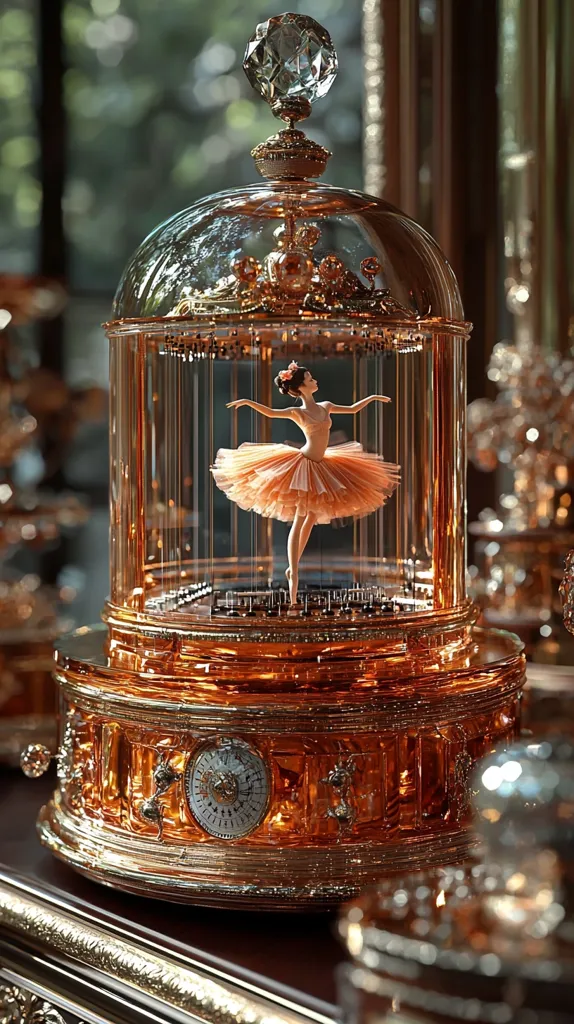 An ornate, amber-colored music box features a ballerina in a peach tutu.  The ballerina is encased within a glass dome atop an intricately detailed base.  Gold accents and a crystal finial adorn the piece, which sits on a dark, polished surface. The craftsmanship is exquisite, suggesting a high-value, possibly antique, item.  A clock face is visible on the base.
