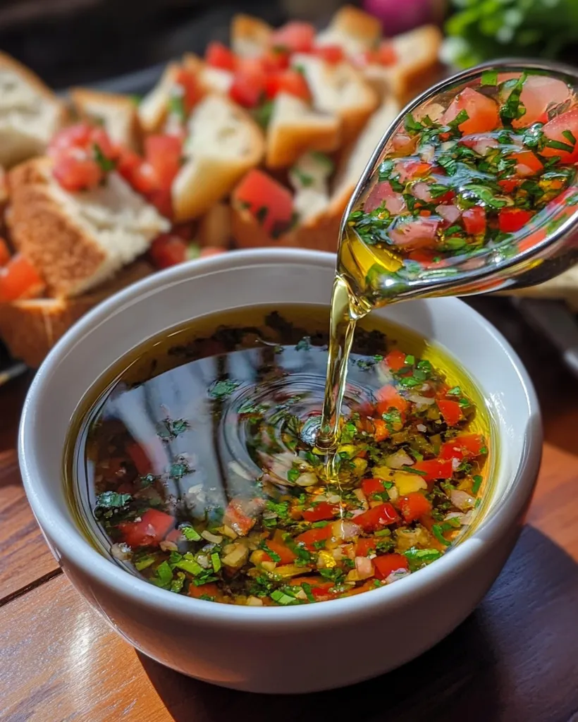 A vibrant green and red vinaigrette, featuring finely chopped herbs and diced peppers, is being poured into a white bowl.  The dressing sits atop a bed of olive oil, creating a glossy sheen.  In the background, a platter of toasted bread topped with a similar tomato and herb mixture is visible, suggesting this dressing is meant for dipping.  The warm, sunny lighting enhances the colors of the fresh ingredients.