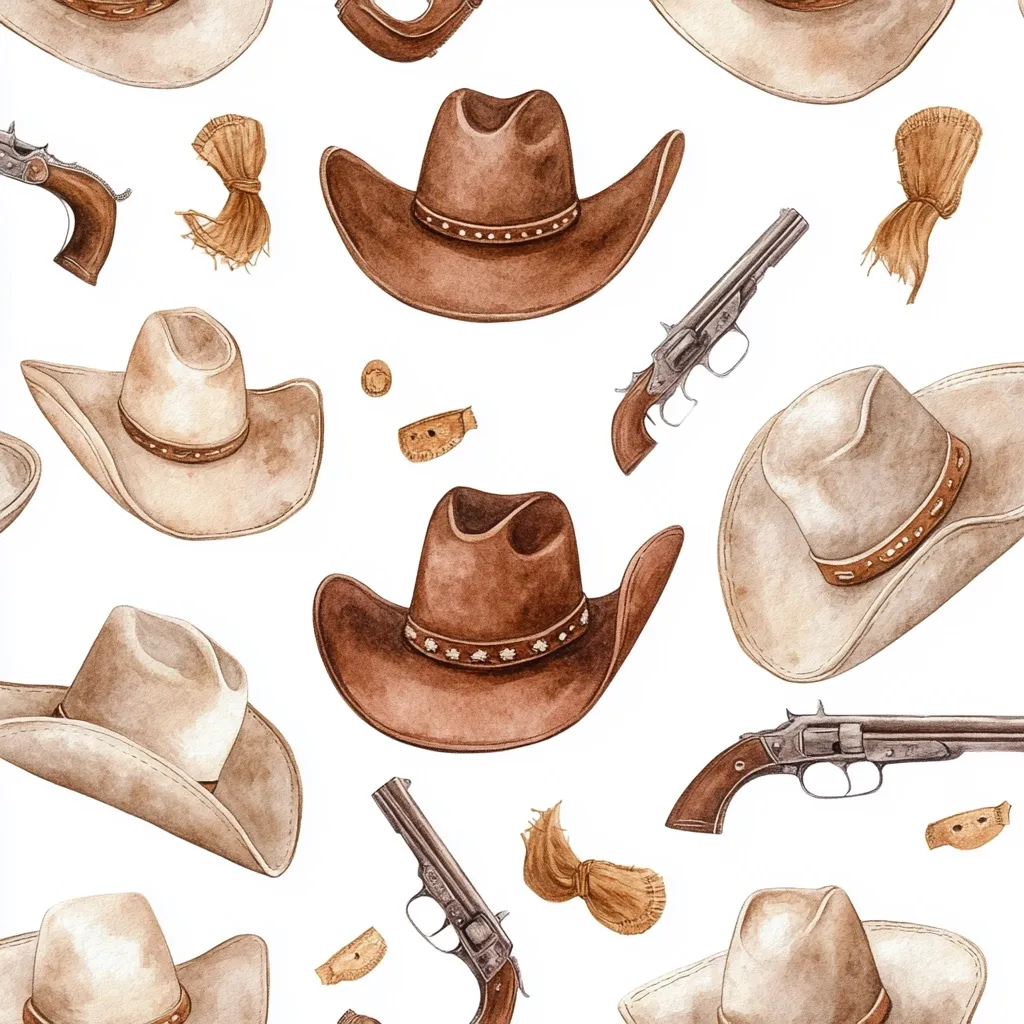 A watercolor pattern featuring cowboy hats in shades of brown and beige, interspersed with antique-style pistols and small bundles of twine. The hats are depicted in varying angles, creating a dynamic and visually appealing design. The overall aesthetic is reminiscent of the Wild West, evoking a sense of adventure and rustic charm.  The repeating pattern is suitable for various applications, such as fabric, wallpaper, or wrapping paper.