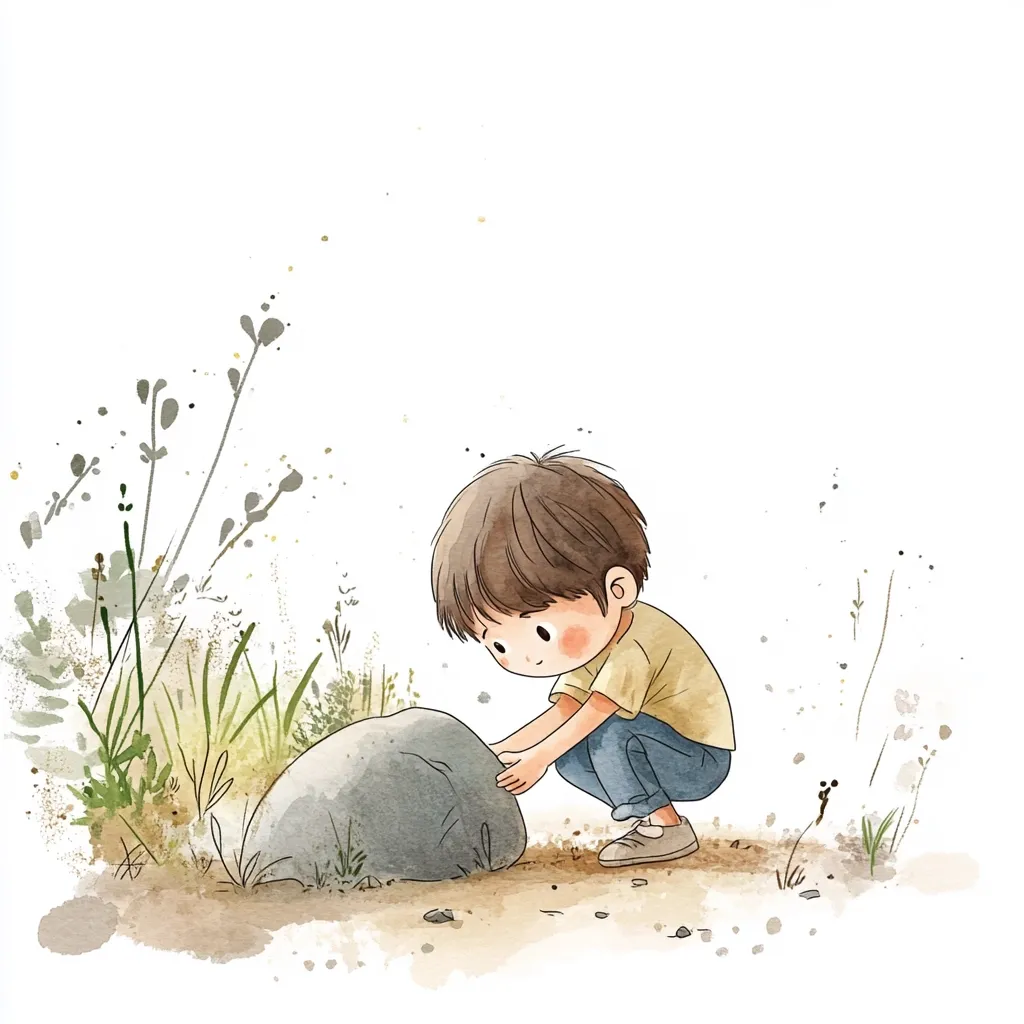A watercolor illustration depicts a young boy crouching down beside a large grey rock. He is wearing a beige t-shirt and blue jeans.  Sparse greenery, including tall grasses and small flowering plants, surrounds the rock and the child. The style is charming and childlike, with soft colors and loose brushstrokes.  The overall impression is one of gentle curiosity and outdoor exploration.