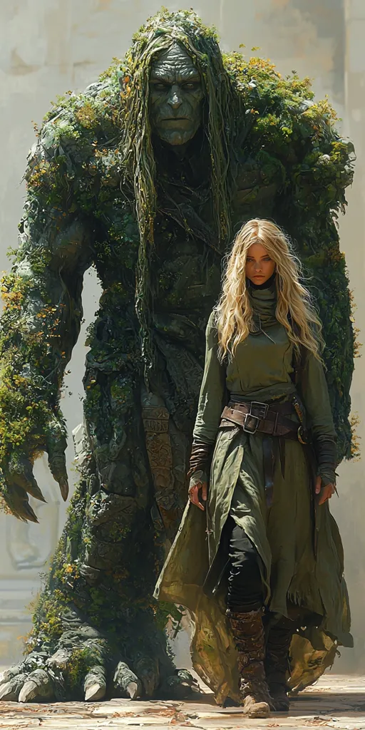 A blonde woman in a long, olive green robe and sturdy boots stands confidently beside a colossal, moss-covered creature. The creature, resembling a giant with long, flowing hair and weathered features, exudes an ancient, powerful presence.  The woman's calm demeanor suggests a connection or companionship with the immense being, creating a striking contrast in scale and texture. The scene is set against a muted, dusty background, enhancing the mystical atmosphere.