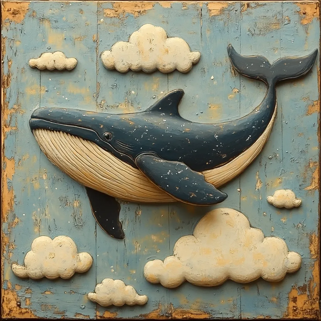 A three-dimensional artwork depicts a whale soaring through a sky filled with clouds.  The whale, rendered in shades of blue and beige, is intricately carved, giving it a textured appearance.  The clouds, also sculpted, are off-white with subtle shading. The background is a distressed blue, mimicking a weathered wooden surface, adding to the piece's whimsical and charming aesthetic. The overall style is naive and dreamlike.