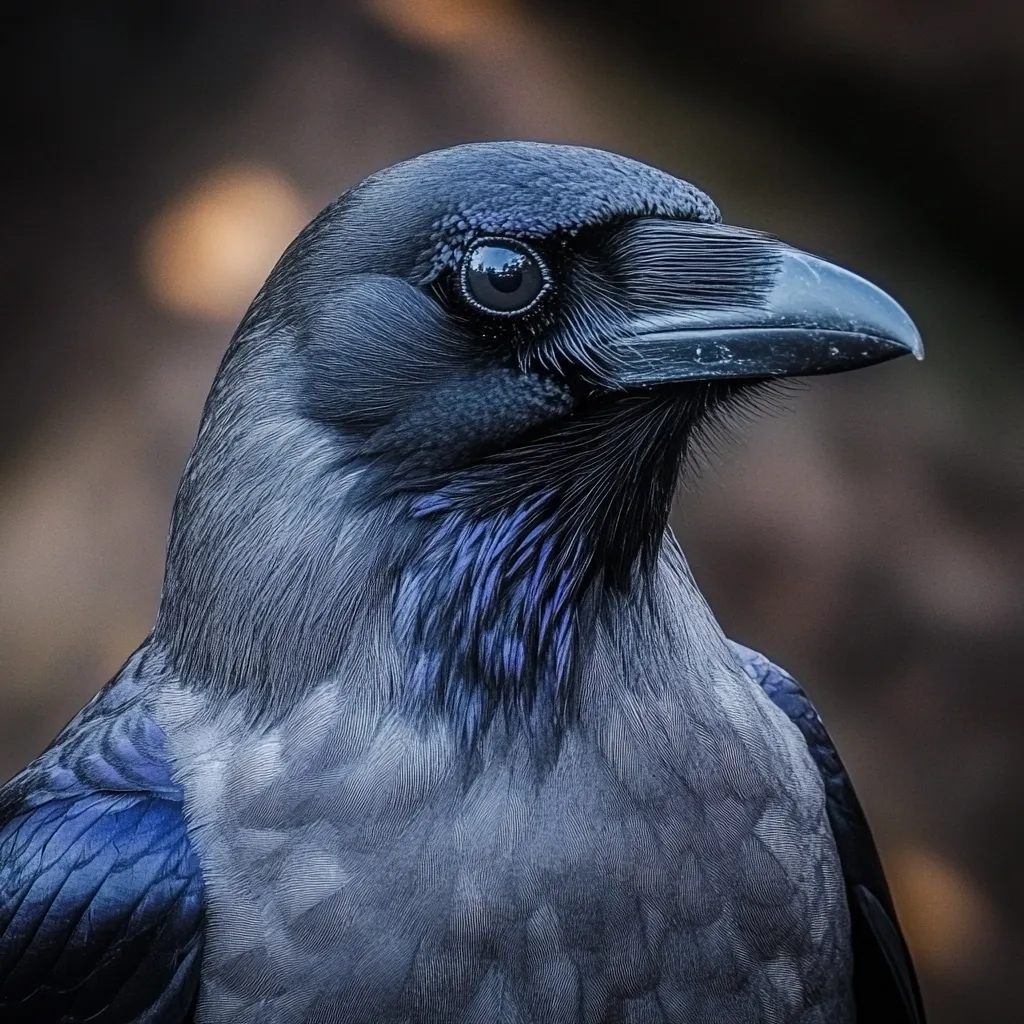 A close-up profile view of a crow, its plumage predominantly gray with hints of blue iridescence on its neck. The bird's dark eyes are sharp and intelligent, and its beak is strong and slightly curved.  The background is blurred, drawing attention to the crow's detailed feathers and intense gaze. The overall impression is one of striking beauty and wildness.