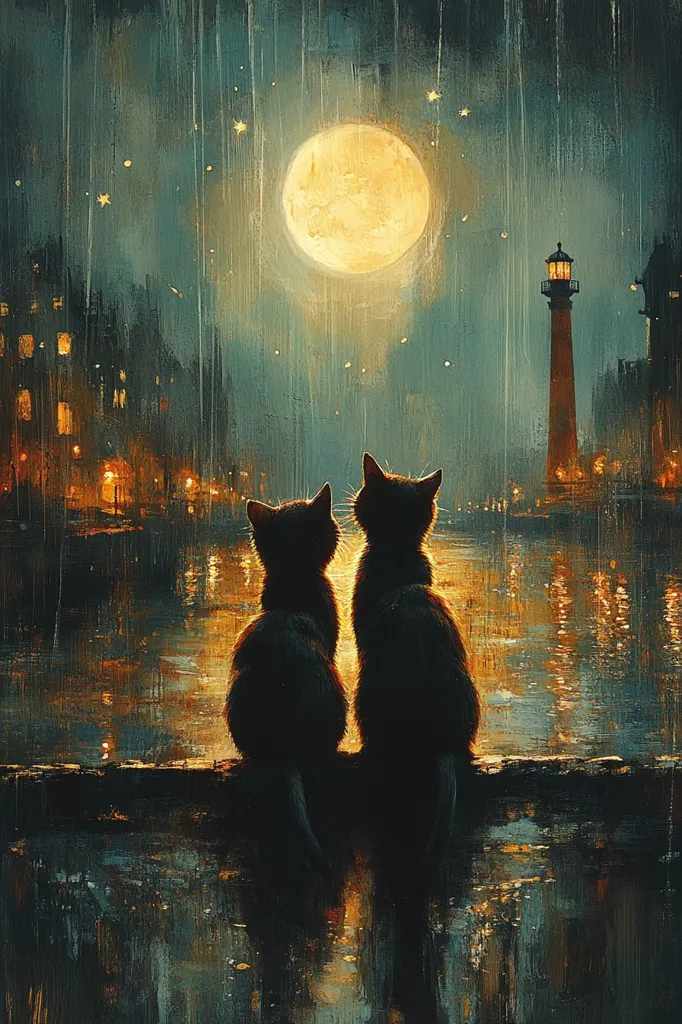 Two black cats sit side-by-side on a waterfront wall, gazing at a large, luminous moon in a rain-swept night scene.  A tall lighthouse stands in the distance, its light a warm contrast to the cool tones of the rain and cityscape.  The scene is peaceful and evocative, suggestive of quiet companionship and a sense of longing.