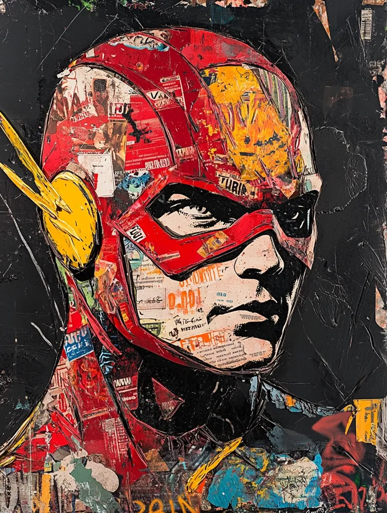 A vibrant and dynamic collage artwork depicts The Flash, a DC Comics superhero.  The image is built from layers of textured paint and collaged pieces of paper, creating a sense of depth and movement.  The Flash's iconic red suit and lightning bolt are rendered in a bold, expressive style, incorporating fragments of text and imagery. The overall effect is energetic and visually striking.
