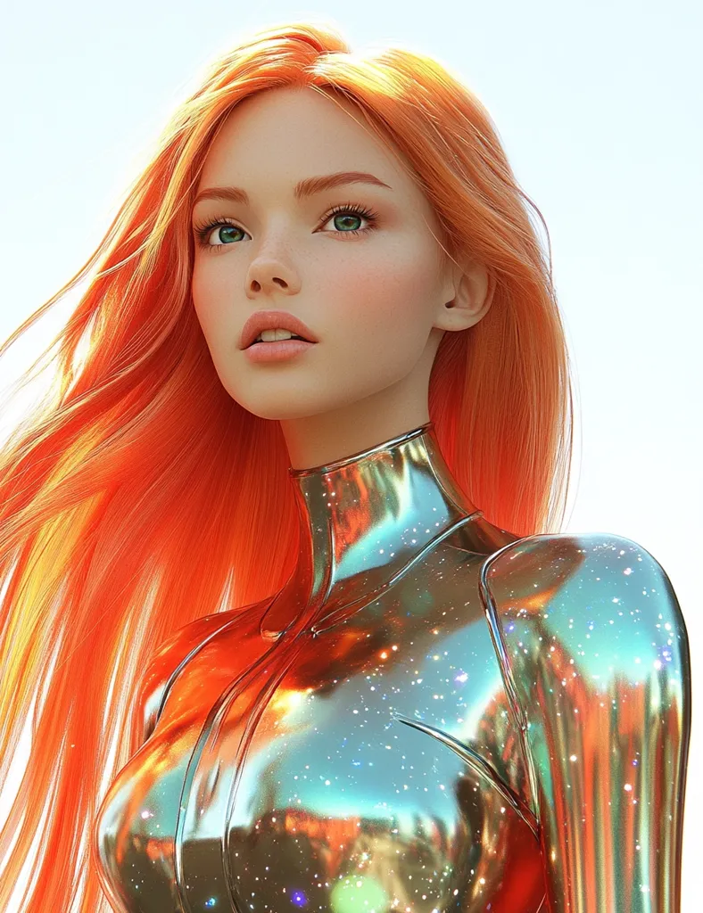 A digital rendering depicts a young woman with vibrant, long orange hair. She's adorned in a shimmering, metallic silver bodysuit, its surface reflecting light like a galaxy.  Her expression is serene, her green eyes captivating.  The overall aesthetic is futuristic and ethereal, with a focus on the interplay of warm hair and cool metallic textures. The background is a soft, bright white.