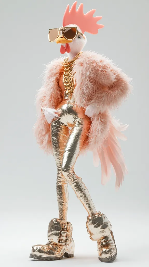 A rooster figurine is dressed in stylish attire. It sports gold-colored pants and boots, a pink fluffy coat, and gold necklace.  The rooster also wears sunglasses.  The overall aesthetic is a fashionable, almost glamorous, interpretation of the barnyard animal.
