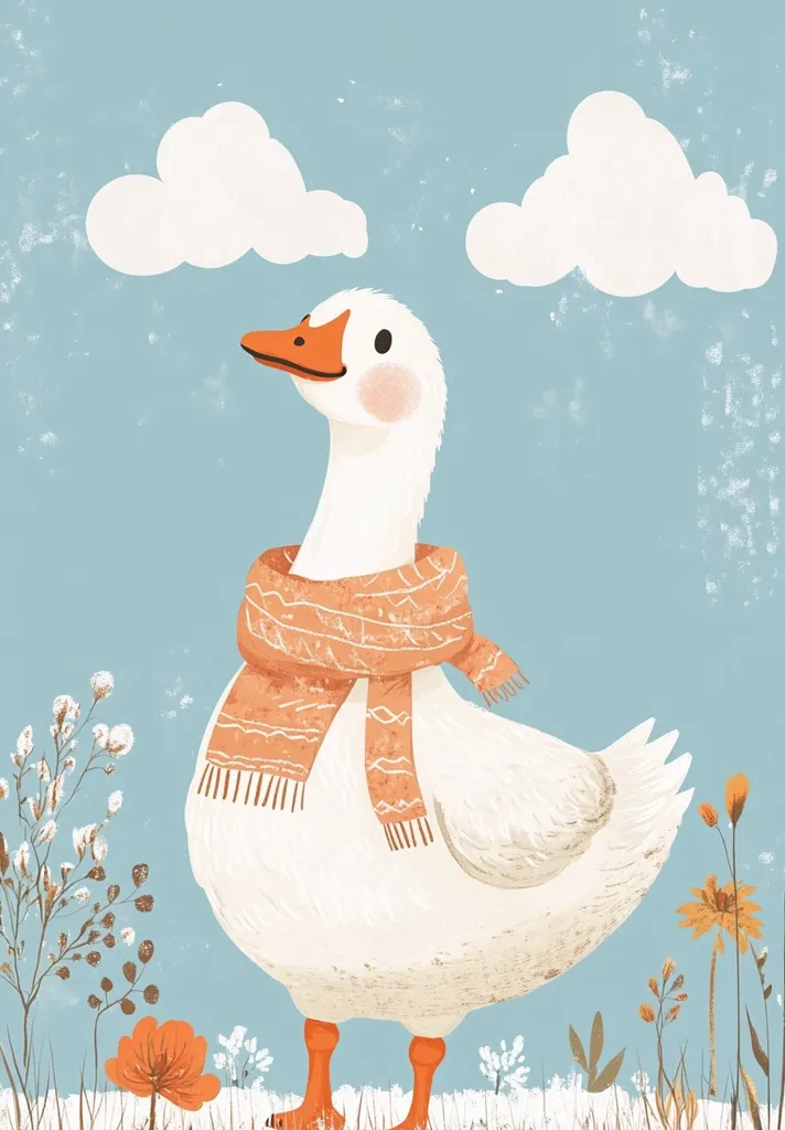 A charming illustration of a goose, adorned in a peach-colored scarf, stands amidst a snowy landscape.  The goose is depicted in a whimsical style, with soft pastel colors and a gentle expression.  Fluffy clouds drift in a pale blue sky, adding to the serene and peaceful atmosphere.  Delicate winter plants surround the goose's feet.