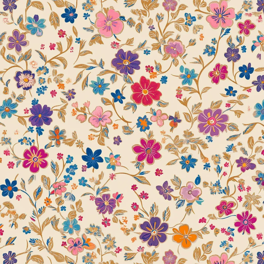 A vibrant floral pattern showcases a profusion of colorful flowers on a creamy background.  Gold stems and leaves intertwine between blossoms in shades of pink, purple, orange, and blue.  The densely packed design creates a lively, energetic textile print perfect for fabric, wallpaper, or wrapping paper.  The glittering effect adds a touch of sparkle and luxury to the overall aesthetic.