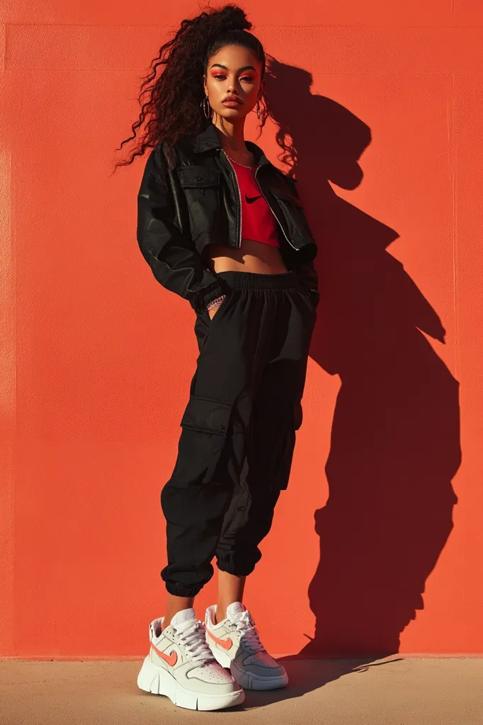 A young woman with long, curly hair stands against a vibrant orange wall. She's dressed in a black cropped leather jacket, a red crop top, and black cargo pants. Her stylish outfit is complemented by chunky white sneakers with coral accents. The sunlight casts a dramatic shadow behind her, adding depth to the image.  She exudes confidence and urban style.