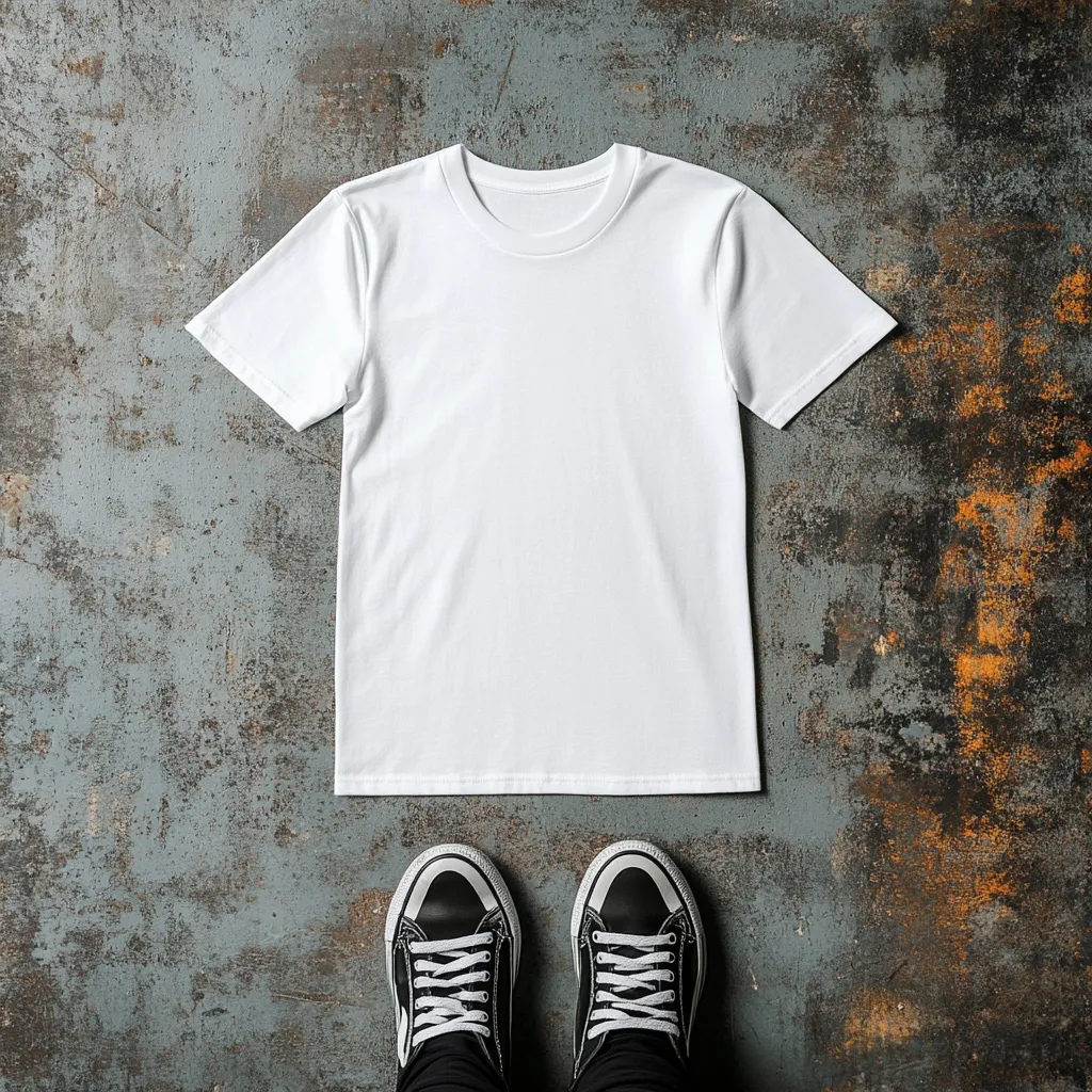 A flat lay image shows a blank white t-shirt laid on a textured gray surface, with a pair of black canvas shoes positioned below it. The shoes are laced up and appear to be worn.  The overall aesthetic is simple and casual, suitable for showcasing clothing or footwear. The background's mottled texture provides a neutral backdrop.
