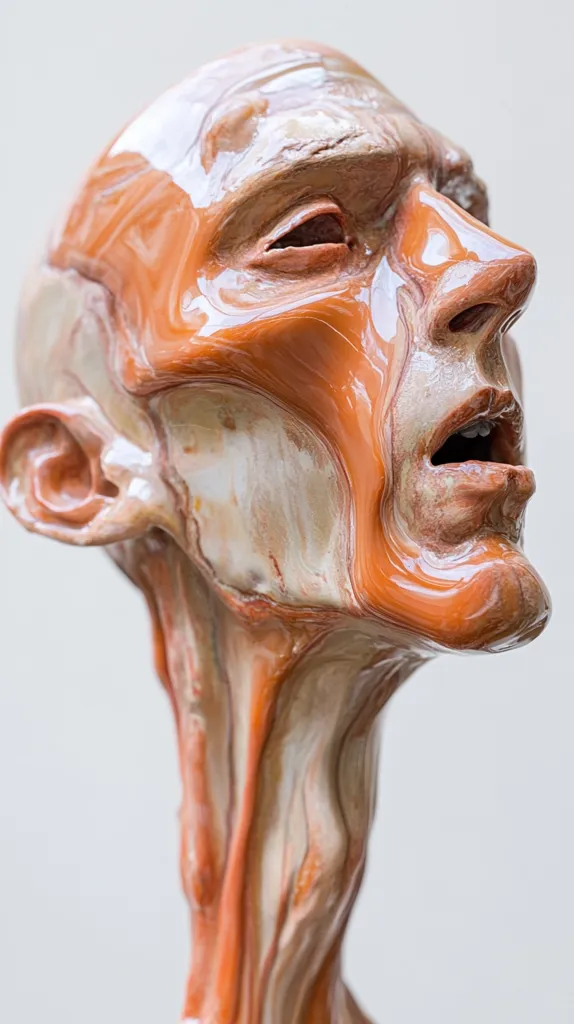 A close-up view of a sculpted head and neck, seemingly depicting the human anatomy with exaggerated musculature. The sculpture is rendered in shades of orange and beige, creating a lifelike, yet surreal effect. The glossy surface enhances the illusion of skin and muscle texture. The subject's head is tilted back, mouth slightly open, expressing a sense of tension or surprise. The overall style blends realism with a stylized, almost fluid interpretation of the form.