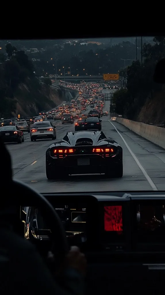 A black supercar sits in heavy twilight traffic on a multi-lane highway.  The road winds through hilly terrain, densely populated with houses visible in the distance.  Headlights of numerous other vehicles form a long queue ahead. The image is dark and moody, creating a dramatic contrast between the powerful car and the congested surroundings.  The scene is viewed from inside another vehicle, focusing on the rear of the supercar.