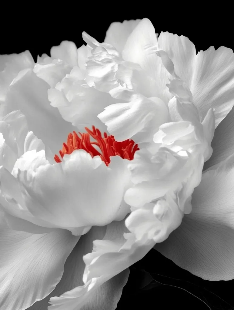 A close-up shot reveals a pristine white peony, its numerous petals delicately arranged.  The flower's center is a striking contrast, showcasing vibrant red stamens. The image is sharply focused, highlighting the texture and subtle details of the petals against a stark black background. The monochrome palette emphasizes the flower's elegance and the intensity of its red heart.