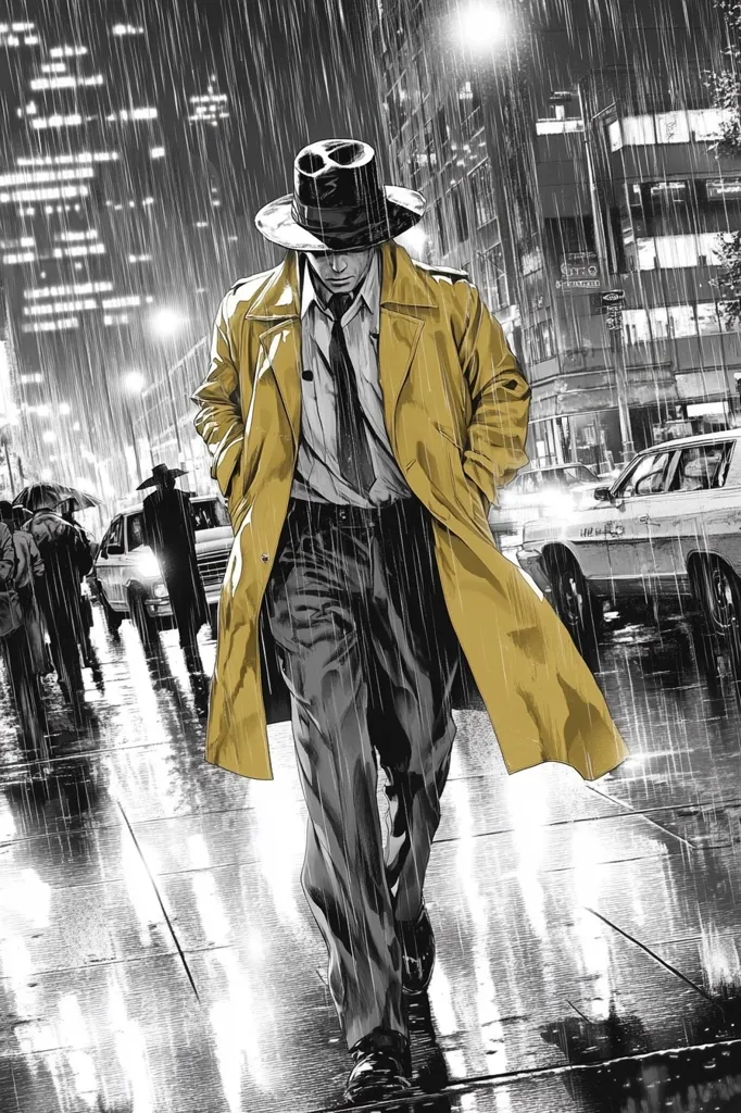A man in a yellow trench coat and fedora walks through a rain-soaked city street at night.  The scene is rendered in a dramatic black and white style, with the yellow coat providing a stark contrast.  He strides confidently, his figure silhouetted against the blurred lights and rain-streaked background.  The overall mood is one of mystery and urban noir.