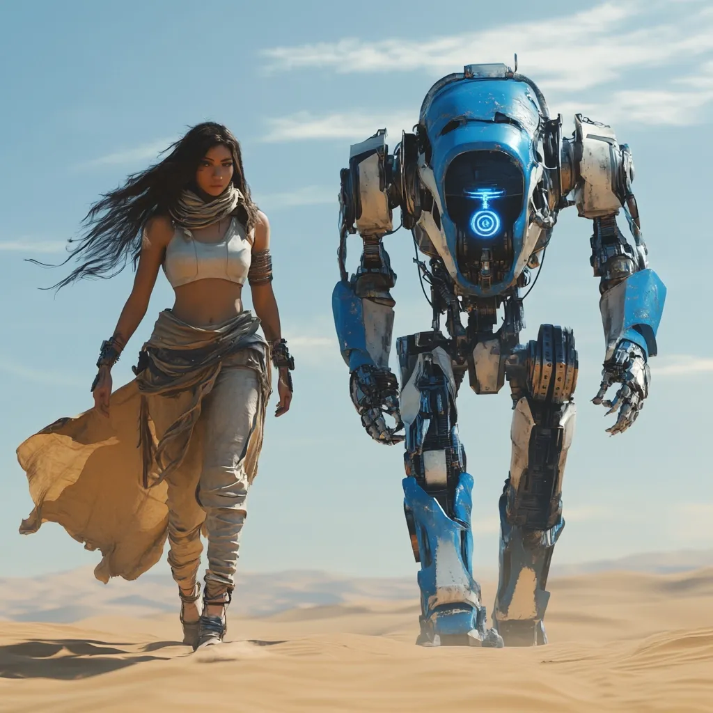 A woman with long dark hair, wearing desert attire, walks across a sandy landscape alongside a large, blue and white bipedal robot.  The robot's design is intricate and mechanical, suggesting advanced technology.  The scene evokes a futuristic, possibly post-apocalyptic, setting. The pair move in unison, their shared journey hinting at a story of companionship or perhaps shared purpose in a harsh environment.