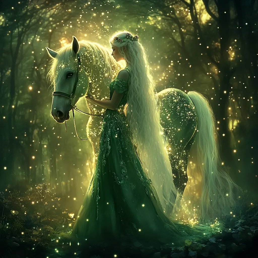 A princess in a shimmering emerald gown stands beside a white horse, both enveloped in a magical, glowing aura.  Fireflies or sparkling dust illuminate the enchanted forest surrounding them. The princess's long, flowing blonde hair cascades down her back, mirroring the horse's mane and tail.  The scene evokes a feeling of fantasy and wonder.