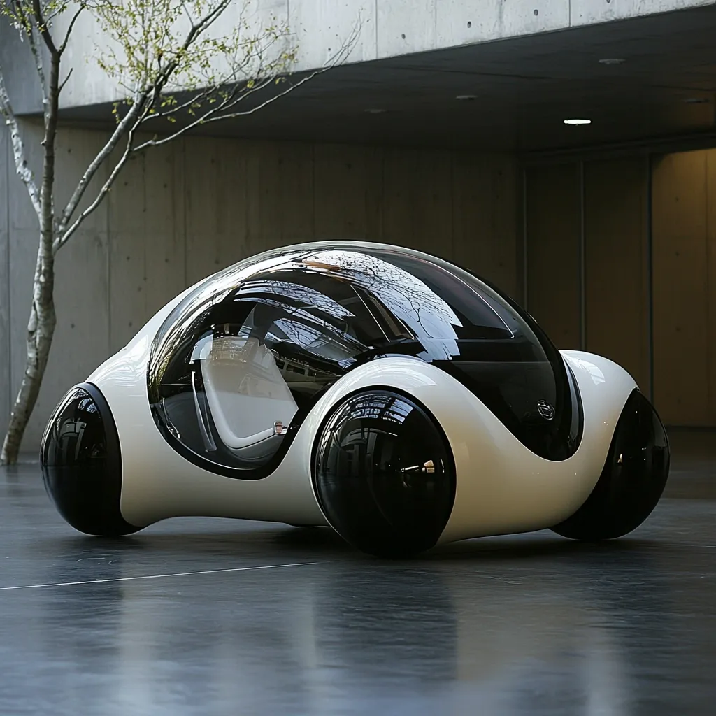 A futuristic, white concept car with large, black, spherical wheels is showcased in a modern, minimalist setting. Its smooth, rounded body features a transparent canopy, offering a clear view of the minimalist interior.  The car sits on a polished dark floor, reflecting its sleek design and the surrounding architecture. The overall aesthetic suggests innovation and elegance.