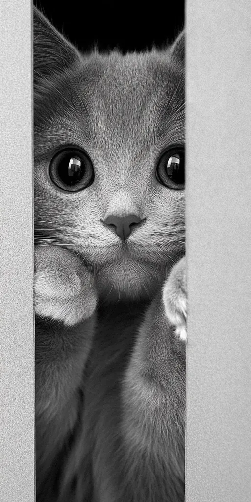 A grayscale close-up captures a gray kitten peeking from behind a partition.  Its large, expressive eyes and fluffy paws are prominent. The kitten's face is centered, its gaze directed towards the viewer. The background is dark, contrasting with the light gray of the kitten's fur and the partition. The overall mood is one of curiosity and gentleness.