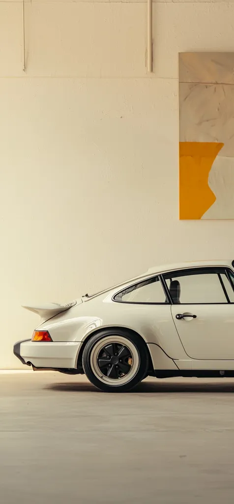 A classic white Porsche 911 Carrera is parked in a minimalist garage. The car's clean lines and elegant design are highlighted against a muted beige wall and a simple abstract painting featuring a splash of orange.  The setting creates a sophisticated and timeless aesthetic, emphasizing the car's beauty and heritage. The soft lighting casts gentle shadows, adding to the overall sense of calm.