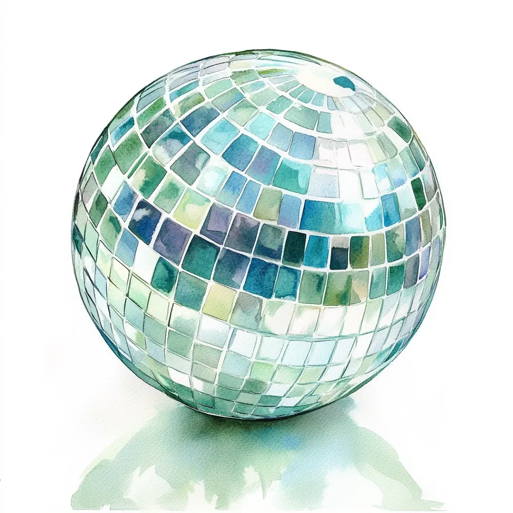 A watercolor painting depicts a disco ball, rendered in shades of teal, green, and blue.  The mirrored surface reflects light, creating a subtle shimmer. The ball sits on a white background, casting a faint reflection. The artwork is stylized, emphasizing the texture and color of the disco ball's facets.