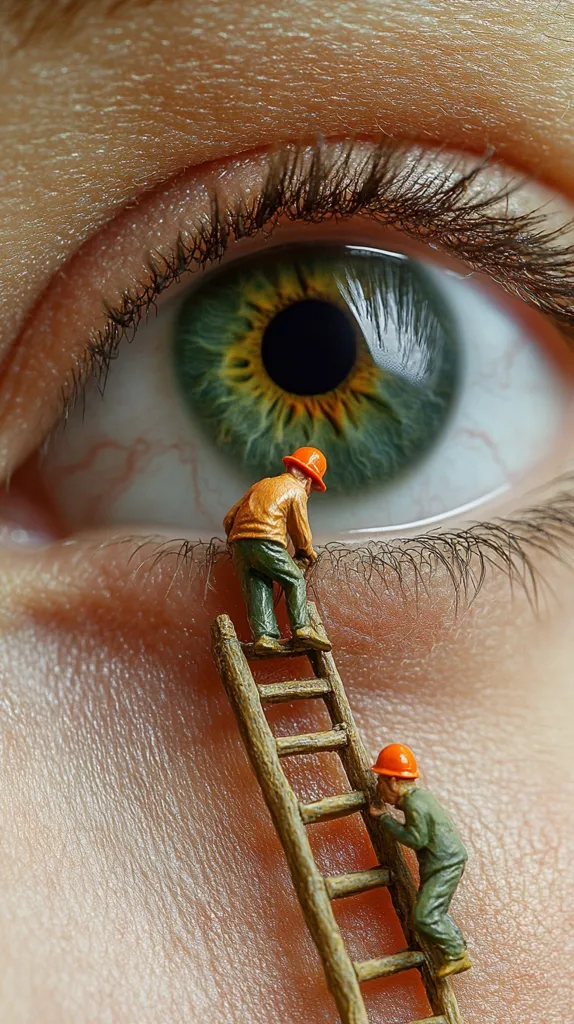 A close-up shot reveals a human eye, its vibrant green iris dominating the frame.  Two miniature figures, clad in orange hard hats and work attire, ascend a tiny wooden ladder positioned along the lower eyelid. The image creates a surreal juxtaposition of scale and perspective, highlighting the intricate details of both the eye and the miniature scene.