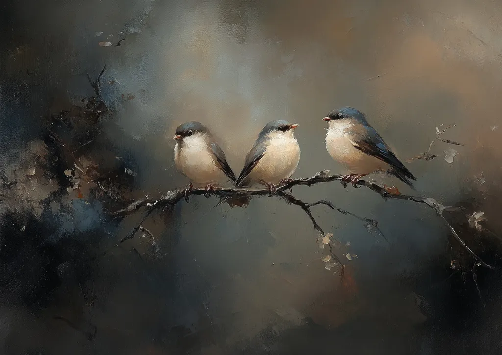 A painting depicts three small birds perched on a slender branch.  The birds have creamy beige underbellies and dark gray-blue backs and heads. They are positioned slightly apart, creating a sense of quiet observation. The background is a muted palette of grays and browns, suggesting a soft, atmospheric setting, possibly a misty woodland.  The style is impressionistic, with visible brushstrokes contributing to the overall texture and mood.