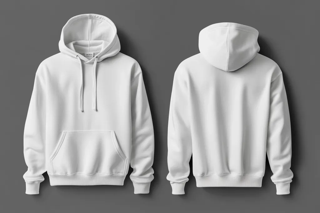 The image shows a plain white hoodie displayed from the front and back.  The hoodie features a drawstring hood, long sleeves, and a kangaroo pocket.  It's a simple, unbranded design, ideal for customization or showcasing a logo. The garment is presented against a neutral gray background.