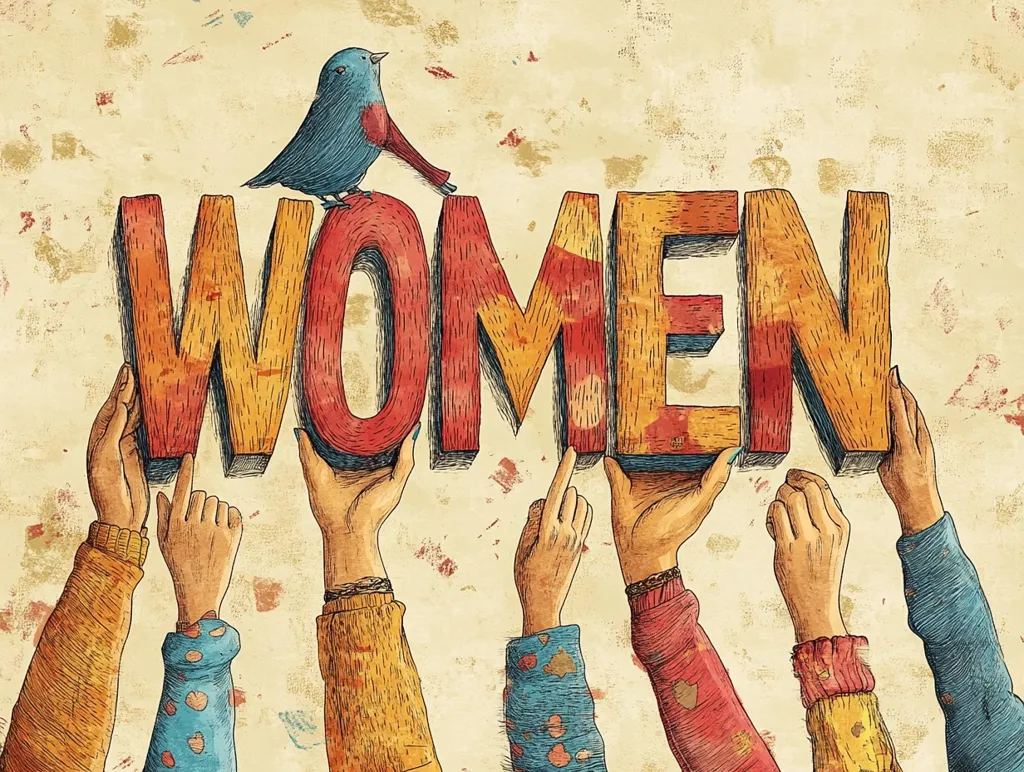 A stylized illustration depicts the word "WOMEN" formed by large, textured, wooden letters.  Multiple hands, adorned with colorful sleeves, lift the word, symbolizing collective strength and unity. A small bird perches atop the letters, adding a delicate touch to the powerful image. The background features a vintage-style textured paper.