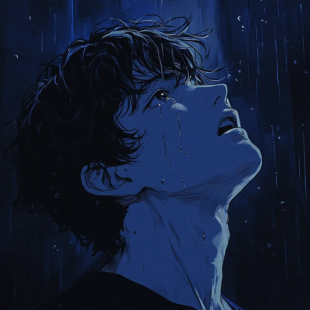 A stylized illustration depicts a young man with dark hair, tears streaming down his face in the rain.  His head is tilted back, mouth open, expressing profound sadness or despair.  The monochromatic blue palette and rain-washed background enhance the melancholic mood. The artwork's style is reminiscent of manga or anime, with sharp lines and expressive shading.