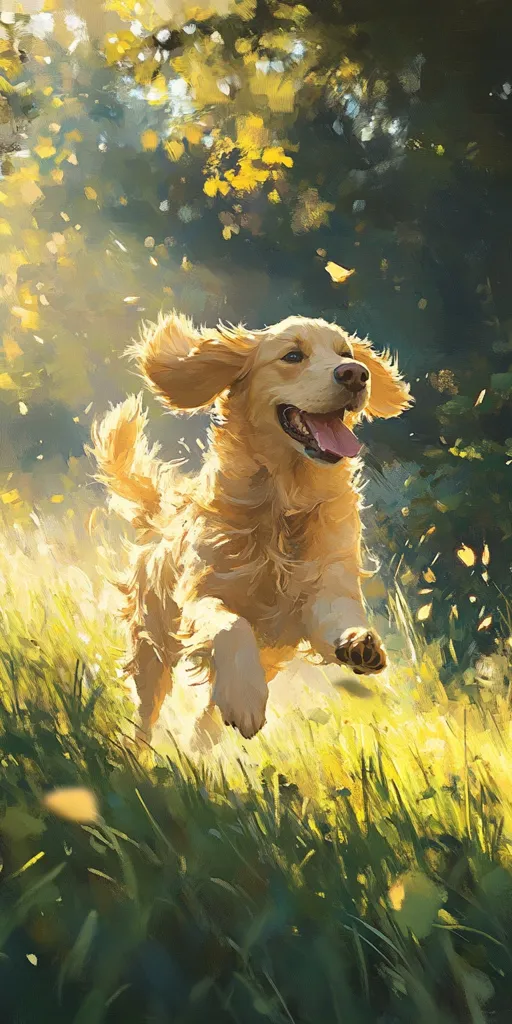 A golden retriever puppy joyfully bounds through a sun-dappled field of tall grass.  Its fur glows in the sunlight, ears flying in the breeze as it runs with unrestrained energy.  Yellow-green leaves and dappled sunlight create a vibrant, idyllic scene.  The painting evokes a feeling of warmth, freedom, and the simple joy of nature.