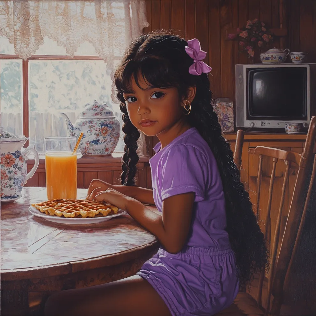 A young girl with long, dark braids and a purple outfit sits at a round table, enjoying a plate of waffles and a glass of orange juice.  Sunlight streams through a window behind her, illuminating the cozy, rustic kitchen setting.  A vintage television and tea set are visible in the background, adding to the nostalgic ambiance of the painting.  The girl's expression is calm and contemplative.
