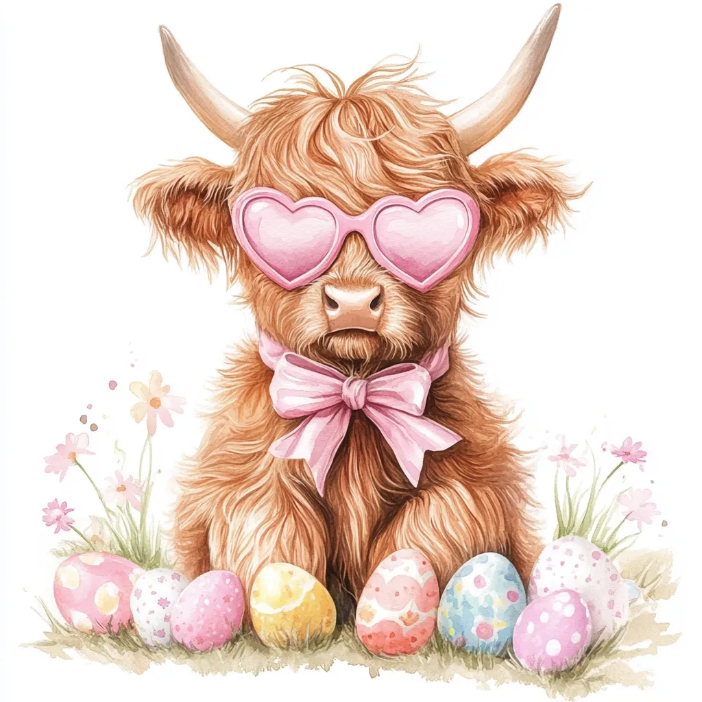 A watercolor painting of a Highland cow calf wearing pink heart-shaped sunglasses and a pink bow.  The calf is seated amidst pastel-colored Easter eggs and delicate wildflowers, creating a charming and whimsical Easter-themed illustration. The style is cute and endearing, suitable for cards or children's books.