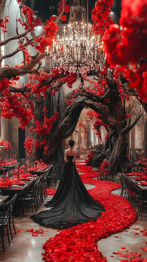 A breathtaking wedding scene unfolds under a dramatic, dark-wood tree adorned with vibrant red blossoms.  A large crystal chandelier hangs above, illuminating a path of red petals leading to a bride in a black gown.  Elegant black tables with red floral centerpieces line the aisle, creating a stunning contrast between dark and vibrant hues. The overall ambiance is romantic and darkly opulent.