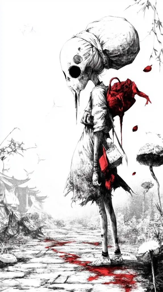 A monochromatic illustration depicts a skeletal girl, her head wrapped in cloth, carrying a crimson backpack that bleeds red onto the path.  She walks along a stone road, marked by a trail of blood, past a desolate, grey landscape with hints of Asian-inspired architecture. The overall mood is somber and unsettling, suggestive of trauma or loss.  Falling petals add to the melancholic atmosphere.