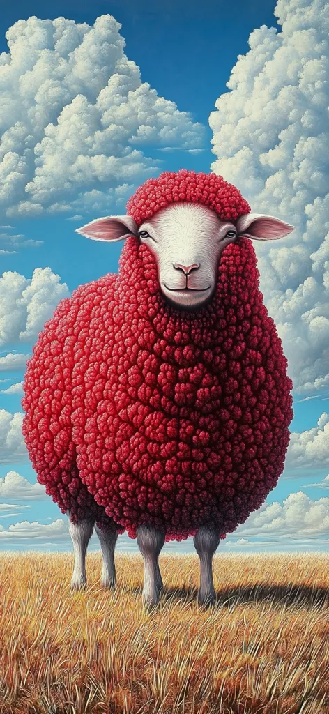 A surreal painting depicts a sheep with vibrant red, raspberry-like wool standing in a golden field under a dramatic sky filled with fluffy white clouds.  The sheep's white face and legs contrast sharply with its unusual fleece. The hyperrealistic style creates a dreamlike, almost otherworldly scene. The overall effect is striking and memorable.