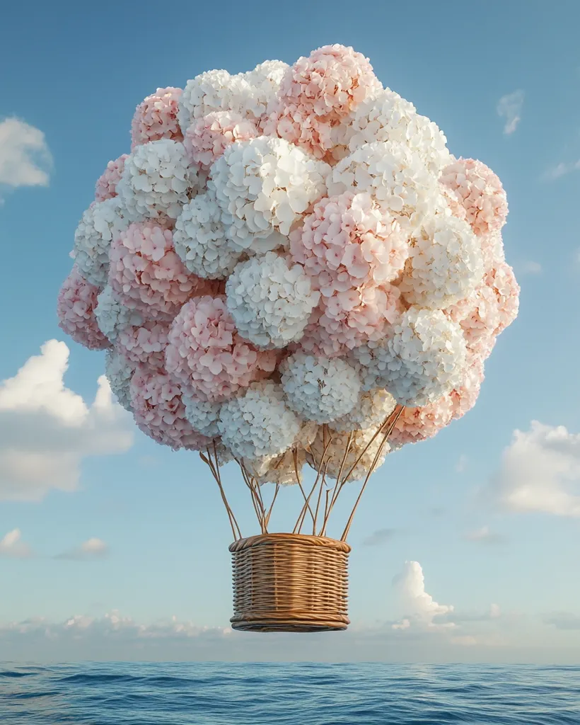 A whimsical hot air balloon crafted from numerous pink and white hydrangeas floats serenely above a calm ocean under a bright blue sky.  The wicker basket hangs below the delicate floral structure, creating a dreamy and surreal image.  Soft clouds drift peacefully in the background, enhancing the peaceful atmosphere.