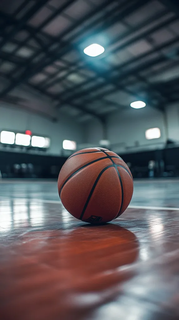 A basketball rests on a polished hardwood court in an indoor gymnasium.  The blurred background shows the high ceiling with industrial lighting and spectator seating. The focus is sharply on the ball, highlighting its texture and the reflective surface of the court.  The atmosphere suggests a quiet moment before or after a game.