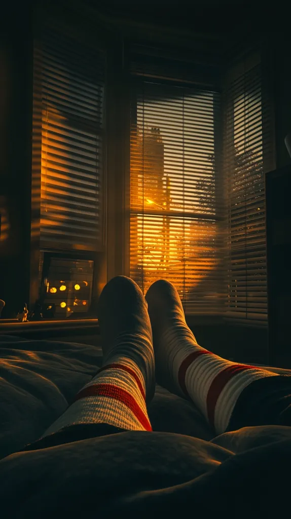 Warm sunset light streams through venetian blinds illuminating a cozy bedroom.  A person lies in bed, their striped socks visible, enjoying the peaceful evening glow. The scene is intimate and tranquil, capturing the serene feeling of relaxation at the end of the day.  A small collection of items sits on a side table near the window.