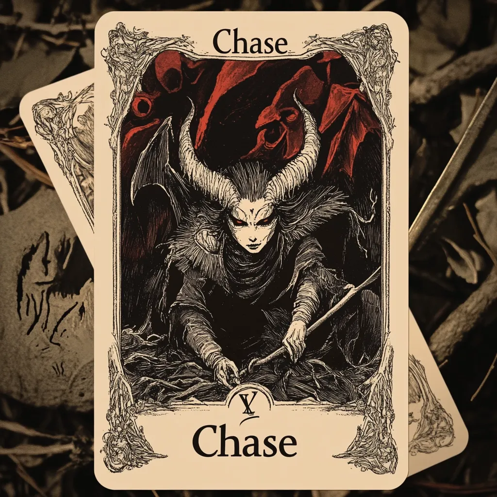 A tarot card, titled "Chase," depicts a demonic figure with long horns and dark attire.  The figure, rendered in a black and red woodcut style, holds a staff and is centrally positioned against a backdrop of shadowy figures and swirling textures. The card's ornate border adds to its gothic aesthetic.  The Roman numeral X is displayed below the title.