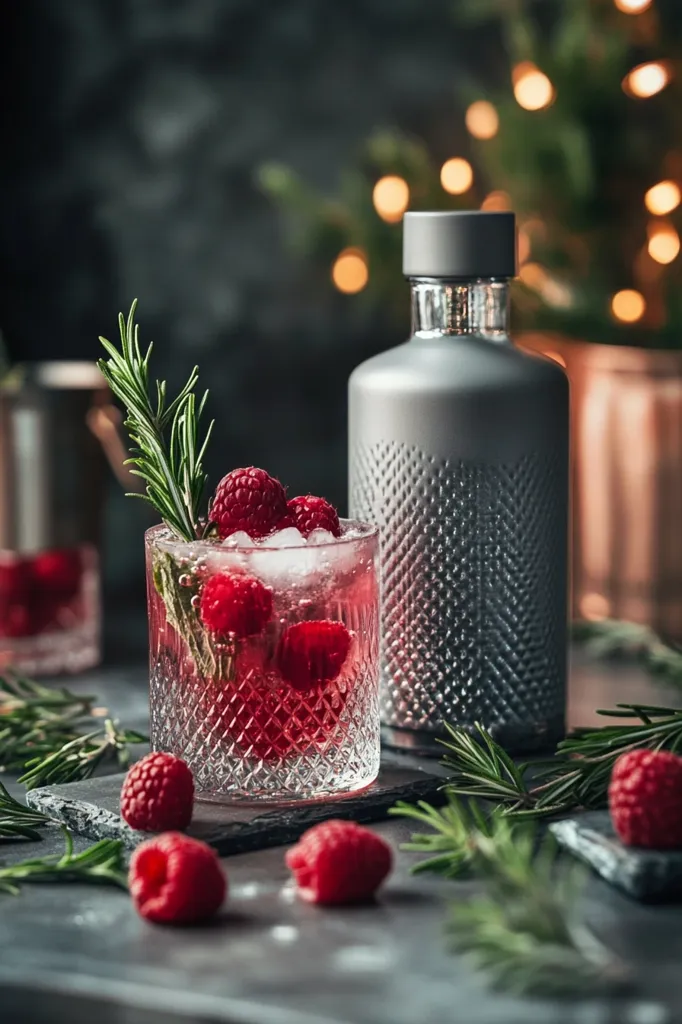 A festive raspberry rosemary cocktail garnished with fresh rosemary sits on a dark surface next to a sleek gray bottle.  Ice cubes chill the vibrant red drink, which is nestled in a cut-glass tumbler. Scattered raspberries and rosemary sprigs complete the scene, set against a bokeh background of warm holiday lights.  The overall ambiance is sophisticated and celebratory.