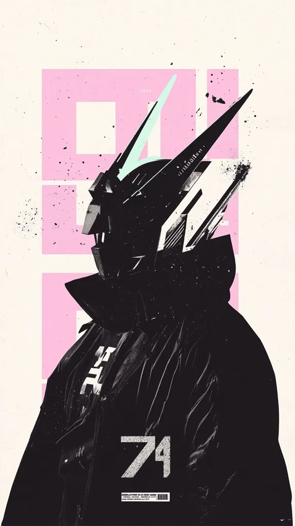 A stylized illustration features a figure in a dark, textured jacket and a futuristic helmet, partially obscured by a large, angular design element.  The helmet is predominantly black with hints of light teal, suggesting a robotic or mecha aesthetic.  A prominent "74" is displayed on the jacket. The background utilizes a contrasting pastel pink geometric shape.  The overall style is gritty and graphic, possibly cyberpunk-inspired.