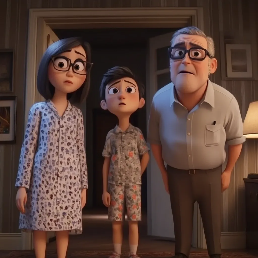 A worried-looking family stands in a doorway.  The mother wears a floral nightgown, the son is in matching pajamas, and the father is dressed in a light gray shirt and brown trousers. Their expressions suggest anticipation or concern about an upcoming event.  The setting appears to be their home, with a glimpse of a hallway beyond the doorway. The animation style is realistic and expressive.