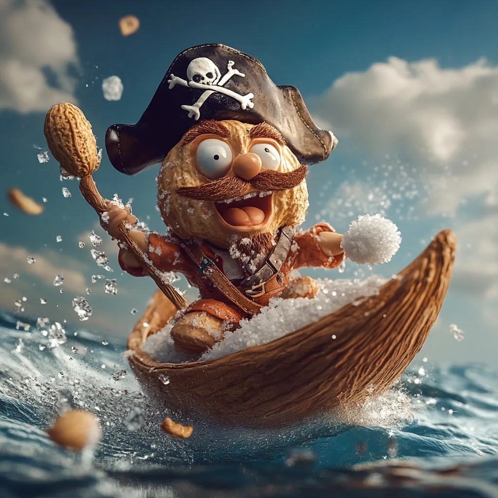 A jovial peanut pirate, adorned in a tricorn hat and brown coat, merrily navigates a peanut shell boat through a frosty sea.  Snowflakes scatter as he playfully throws a snowball, his expressive face beaming with delight.  The scene is vibrant and whimsical, showcasing impressive digital artistry.  He holds a peanut-shaped oar, adding to the playful nut-themed adventure.