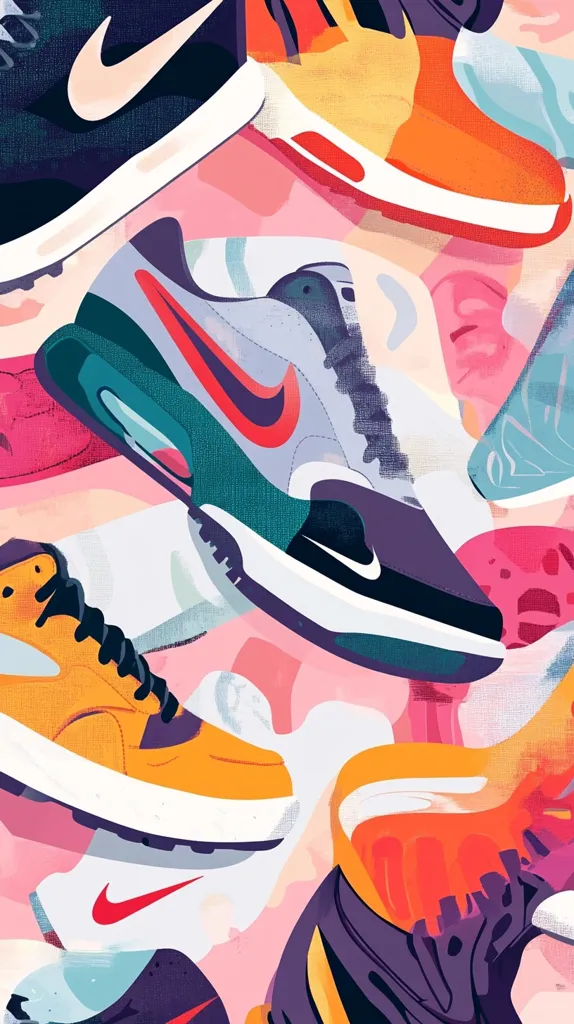 A vibrant illustration showcases a dynamic arrangement of various Nike sneakers.  The shoes, rendered in a stylized, painterly fashion, are layered and overlapping, creating a visually engaging composition. Bold colors and contrasting textures dominate the design, emphasizing the energy and diversity of the footwear. The overall effect is a celebration of sneaker culture and design.